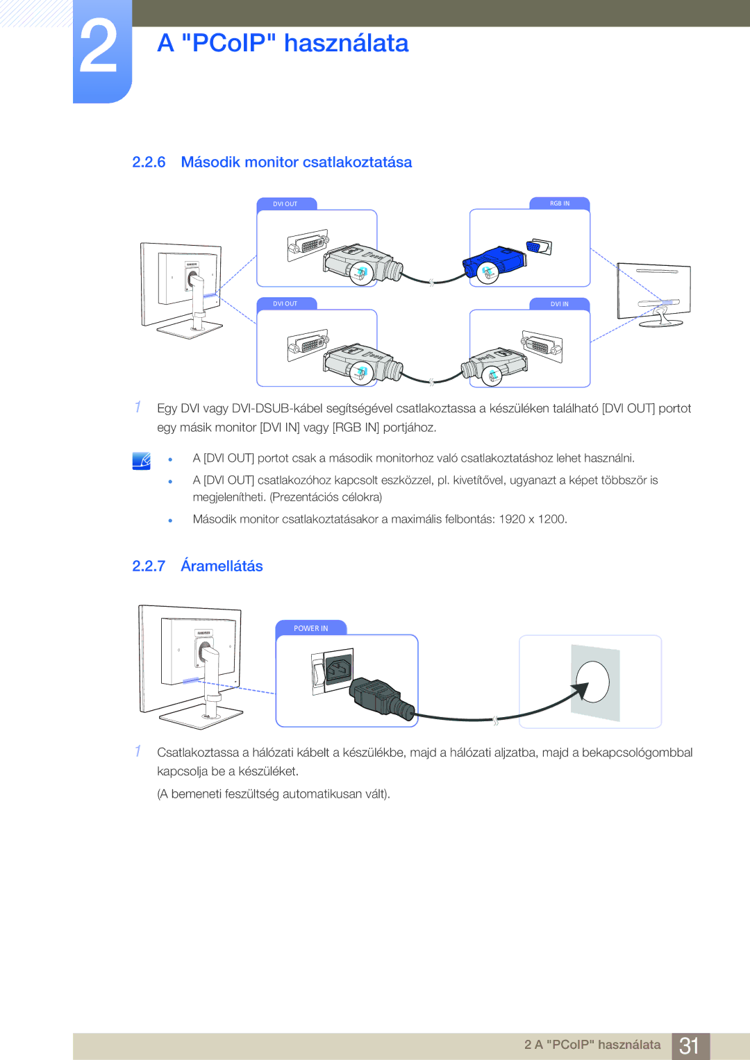 Samsung LF24FN1PFBZXEN manual 6 Második monitor csatlakoztatása, 7 Áramellátás 