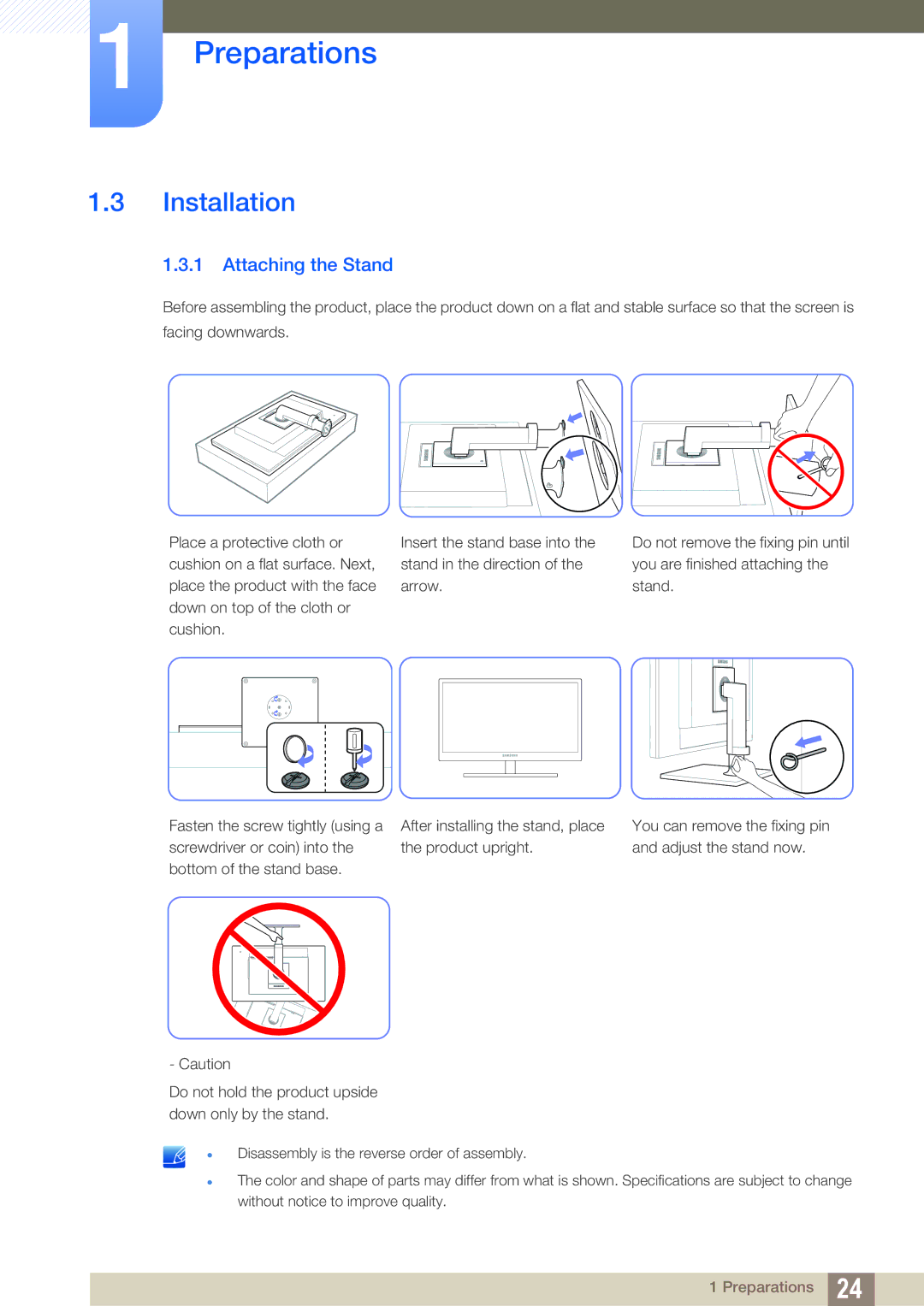 Samsung LF24FT1LFGZXEN, LF22FT1LFGZXEN manual Installation, Attaching the Stand 