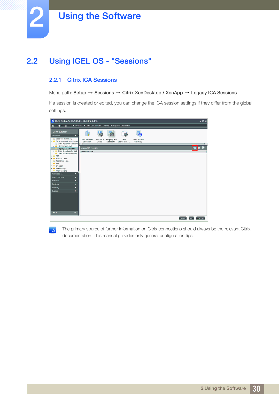 Samsung LF24FT1LFGZXEN, LF22FT1LFGZXEN manual Using Igel OS Sessions, Citrix ICA Sessions 