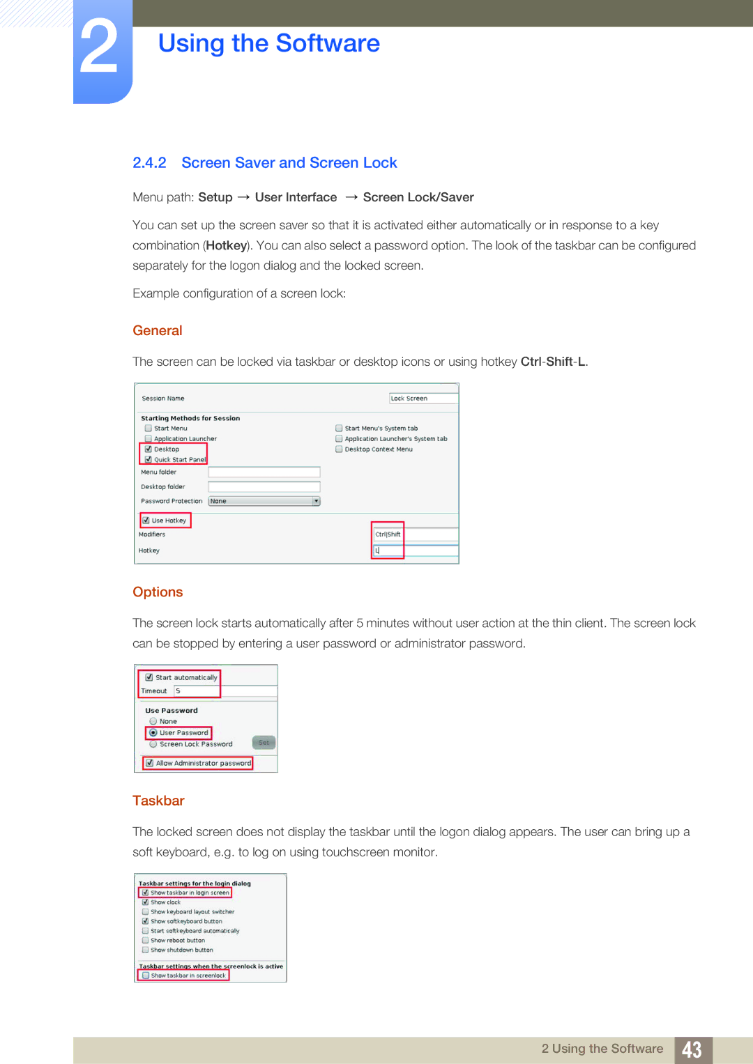 Samsung LF22FT1LFGZXEN, LF24FT1LFGZXEN manual Screen Saver and Screen Lock, General, Options, Taskbar 