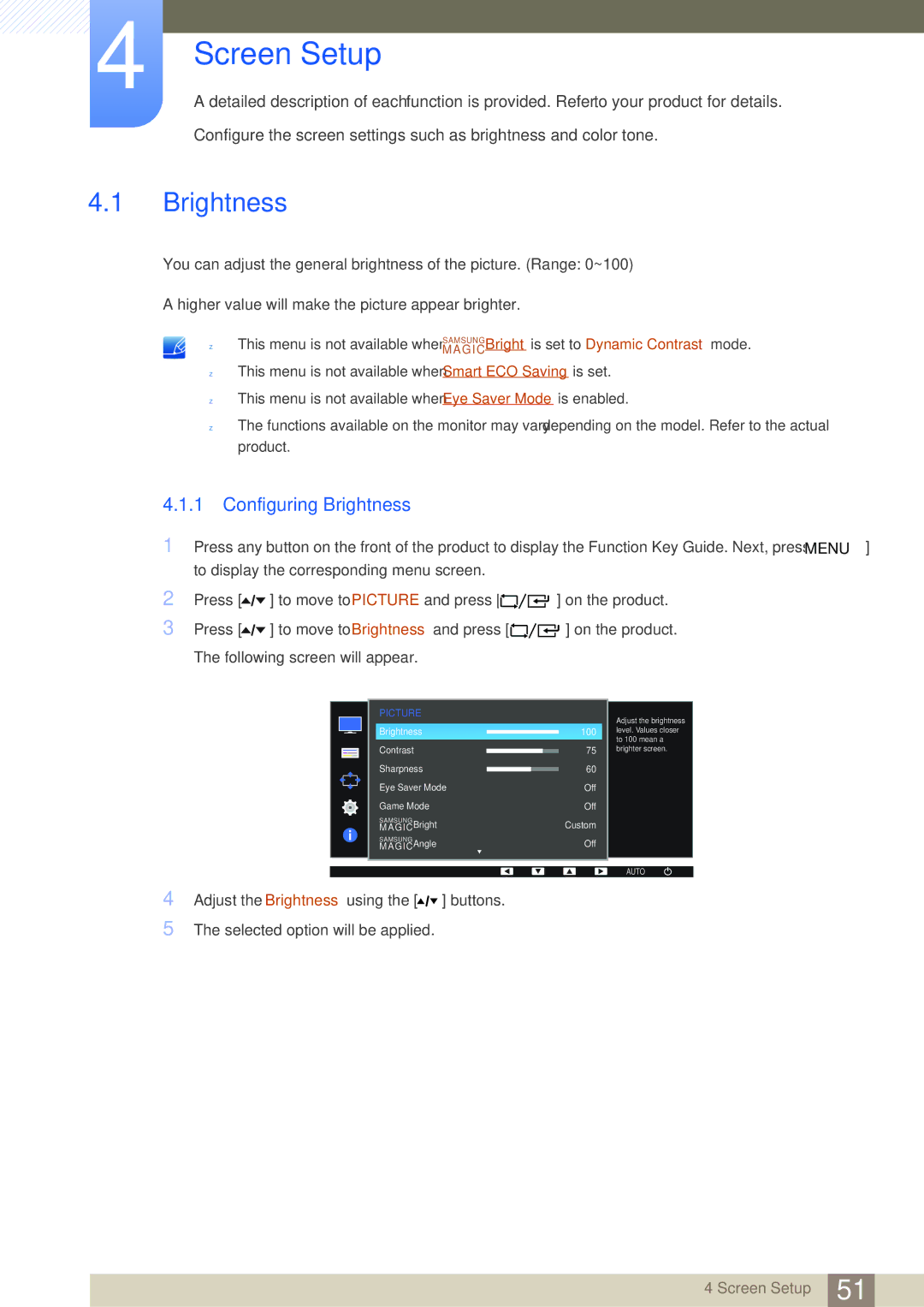 Samsung LF22FT1LFGZXEN, LF24FT1LFGZXEN manual Screen Setup, Configuring Brightness 