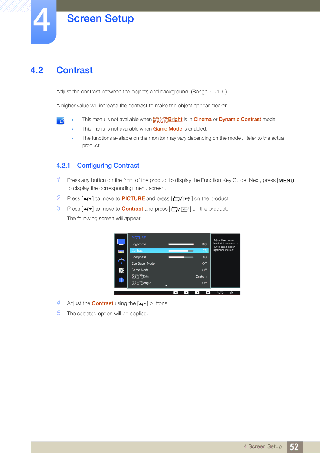 Samsung LF24FT1LFGZXEN, LF22FT1LFGZXEN manual Configuring Contrast 