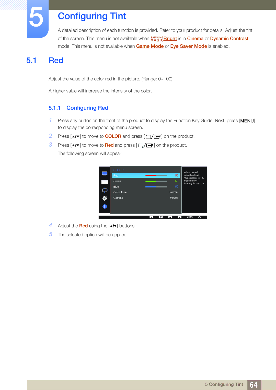 Samsung LF24FT1LFGZXEN, LF22FT1LFGZXEN manual Configuring Tint, Configuring Red 