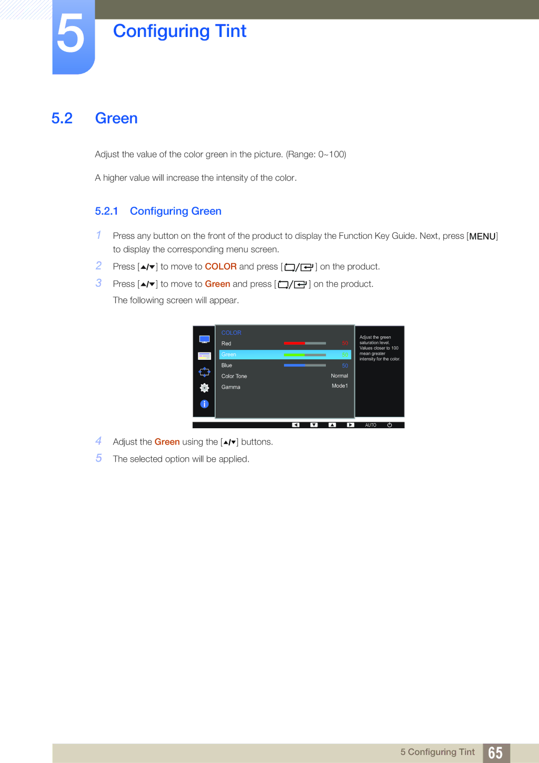 Samsung LF22FT1LFGZXEN, LF24FT1LFGZXEN manual Configuring Green 