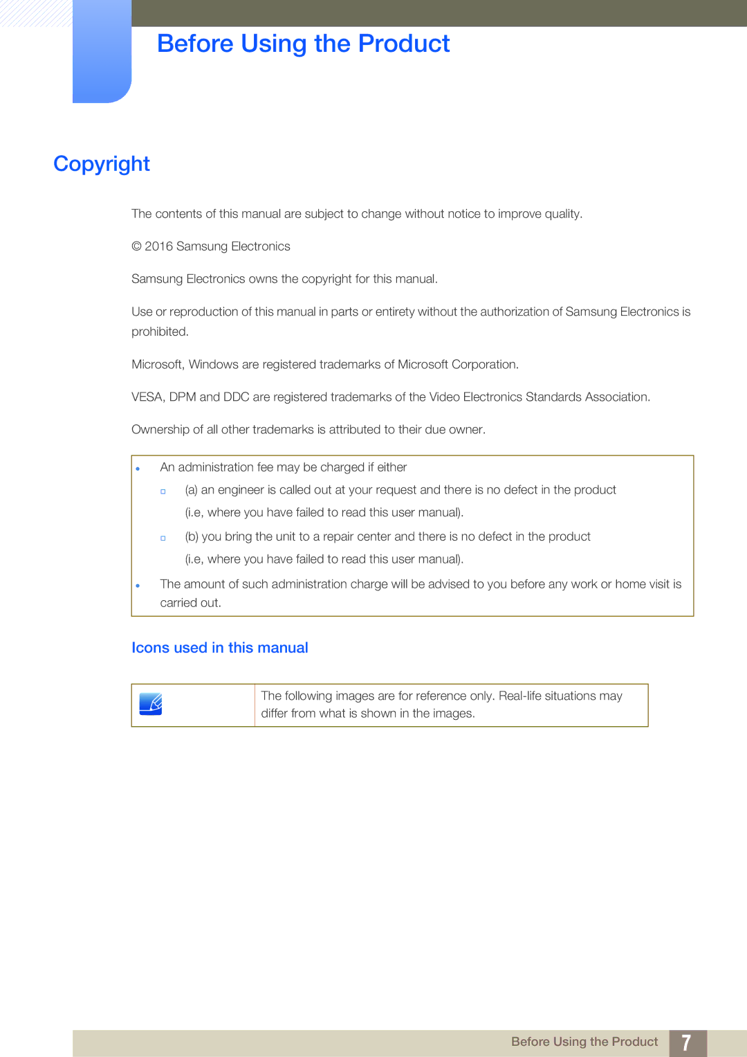 Samsung LF22FT1LFGZXEN, LF24FT1LFGZXEN Before Using the Product, Copyright, Icons used in this manual 