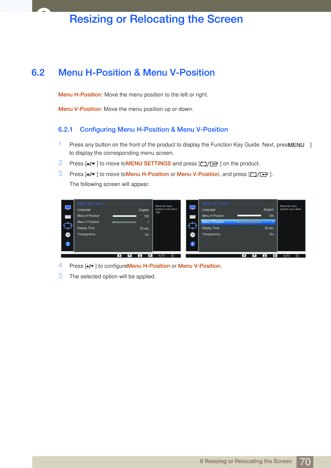 Samsung LF24FT1LFGZXEN, LF22FT1LFGZXEN manual Configuring Menu H-Position & Menu V-Position 