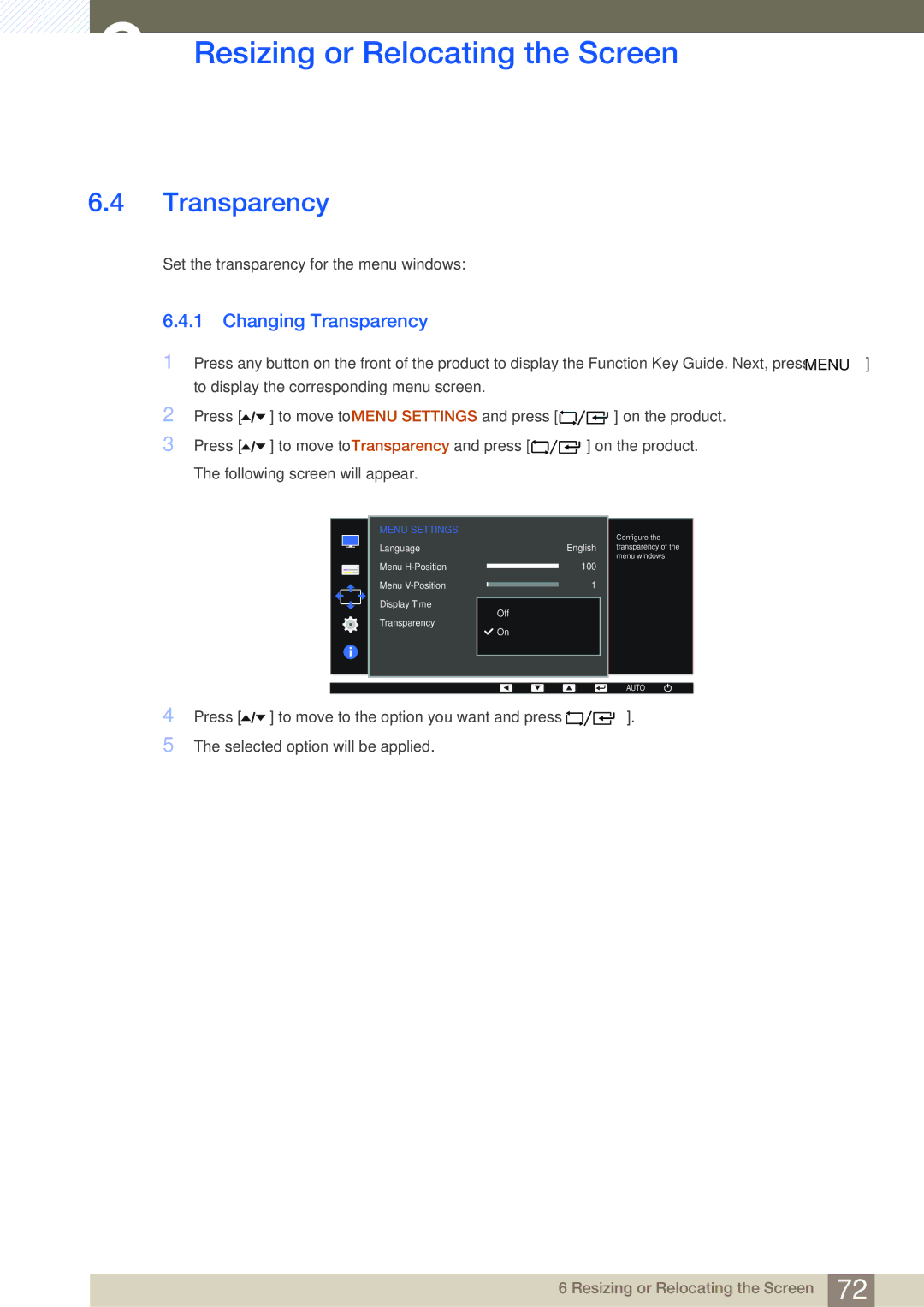 Samsung LF24FT1LFGZXEN, LF22FT1LFGZXEN manual Changing Transparency 