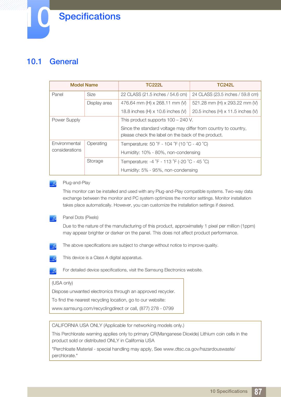 Samsung LF22FT1LFGZXEN, LF24FT1LFGZXEN manual Specifications, General 