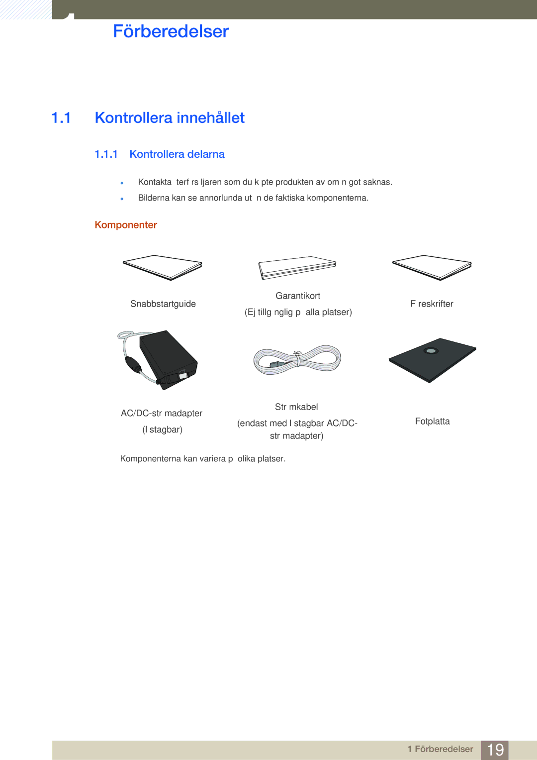 Samsung LF22FT1LFGZXEN, LF24FT1LFGZXEN manual Förberedelser, Kontrollera innehållet, Kontrollera delarna, Komponenter 