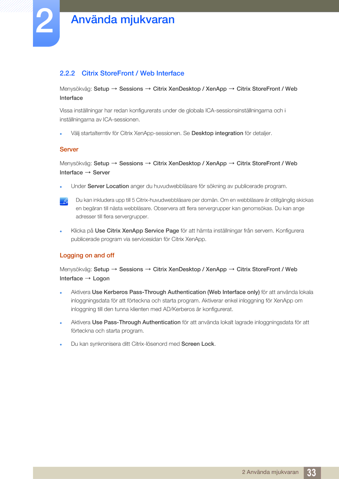 Samsung LF22FT1LFGZXEN, LF24FT1LFGZXEN manual Citrix StoreFront / Web Interface, Logging on and off 