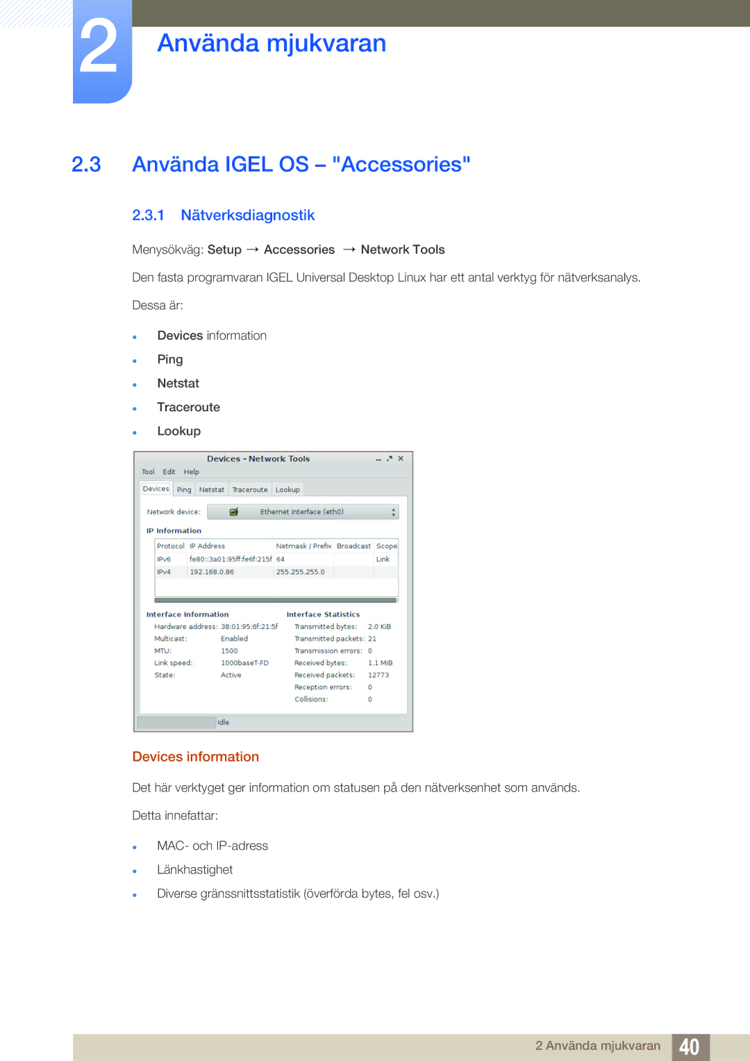 Samsung LF24FT1LFGZXEN, LF22FT1LFGZXEN manual Använda Igel OS Accessories, 1 Nätverksdiagnostik, Devices information 