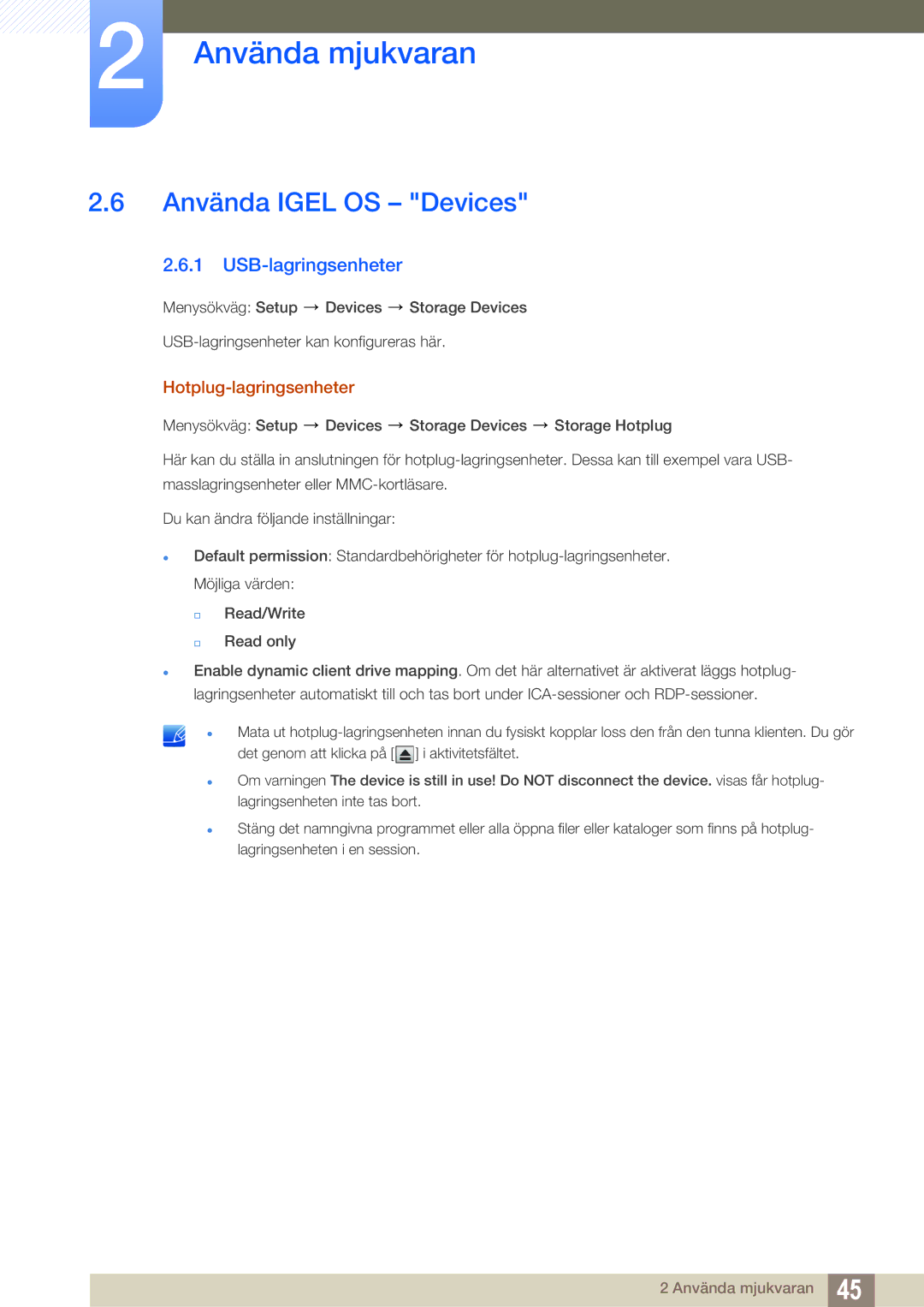 Samsung LF22FT1LFGZXEN, LF24FT1LFGZXEN manual Använda Igel OS Devices, USB-lagringsenheter, Hotplug-lagringsenheter 