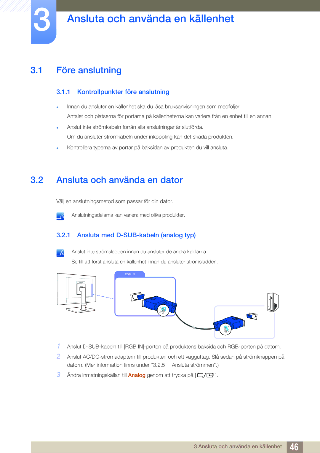 Samsung LF24FT1LFGZXEN, LF22FT1LFGZXEN Ansluta och använda en källenhet, Före anslutning, Ansluta och använda en dator 