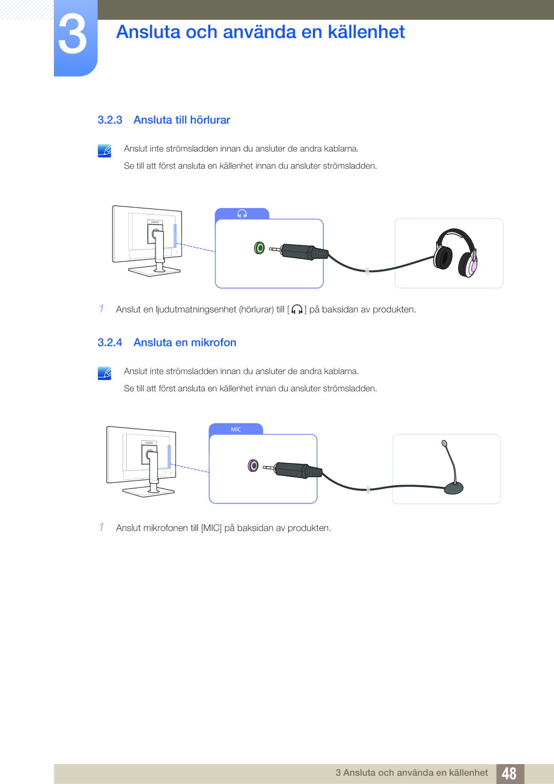 Samsung LF24FT1LFGZXEN, LF22FT1LFGZXEN manual Ansluta till hörlurar, Ansluta en mikrofon 