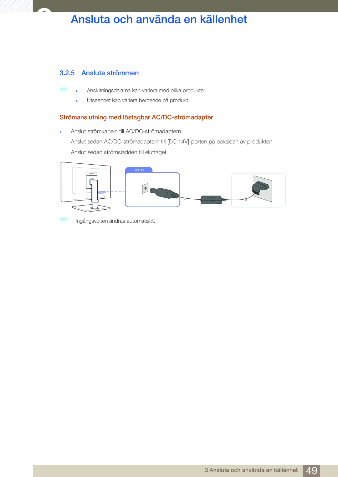 Samsung LF22FT1LFGZXEN, LF24FT1LFGZXEN manual Ansluta strömmen, Strömanslutning med löstagbar AC/DC-strömadapter 