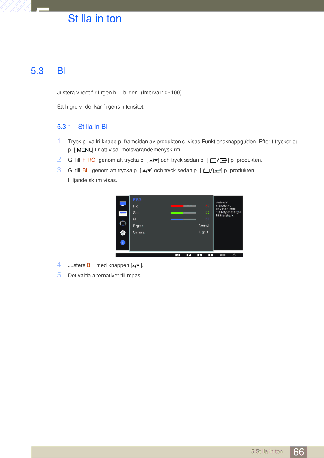 Samsung LF24FT1LFGZXEN, LF22FT1LFGZXEN manual 1 Ställa in Blå 