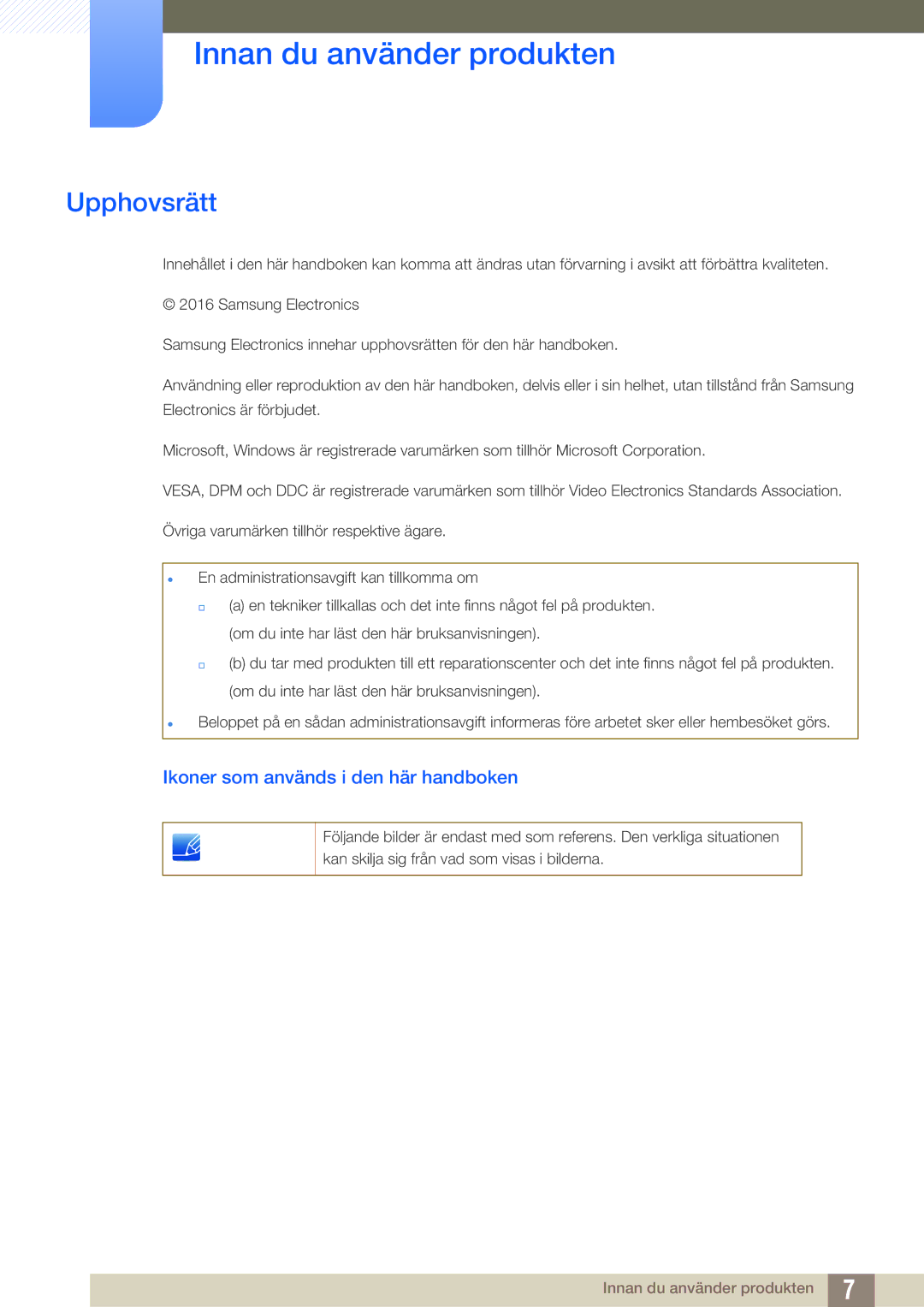 Samsung LF22FT1LFGZXEN, LF24FT1LFGZXEN Innan du använder produkten, Upphovsrätt, Ikoner som används i den här handboken 