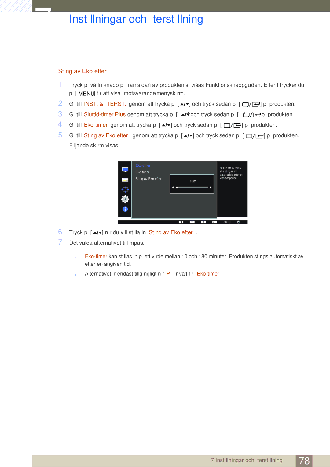 Samsung LF24FT1LFGZXEN, LF22FT1LFGZXEN manual Stäng av Eko efter, Eko-timer 