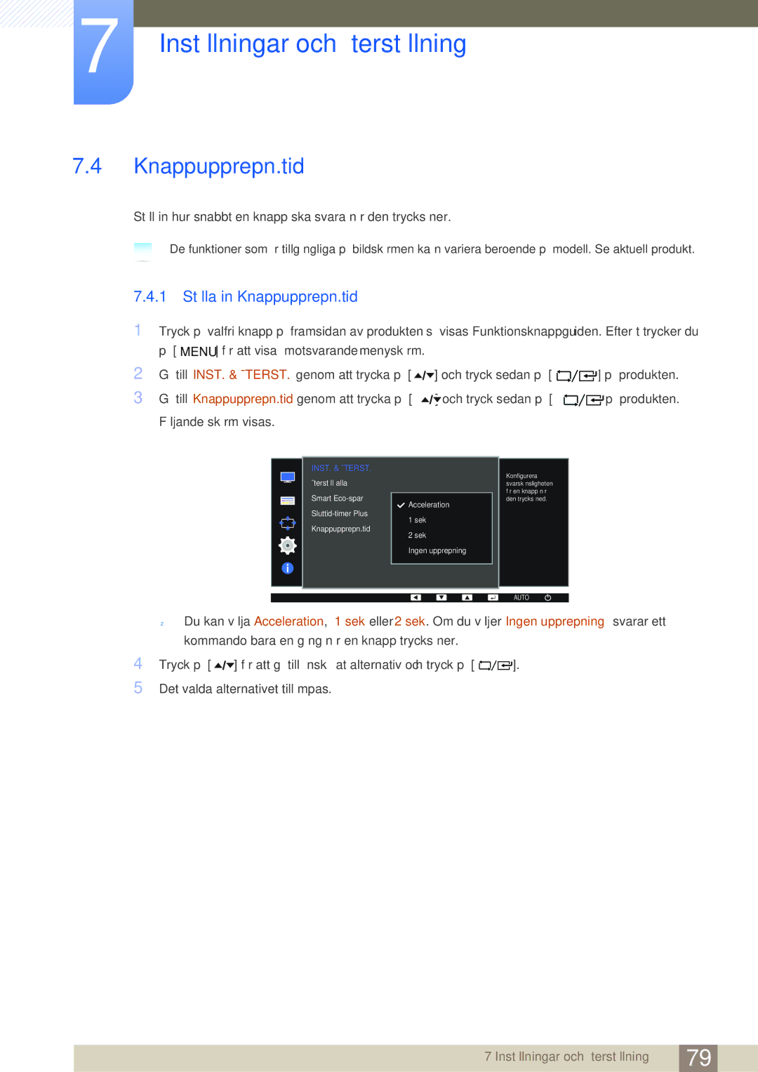 Samsung LF22FT1LFGZXEN, LF24FT1LFGZXEN manual 1 Ställa in Knappupprepn.tid 