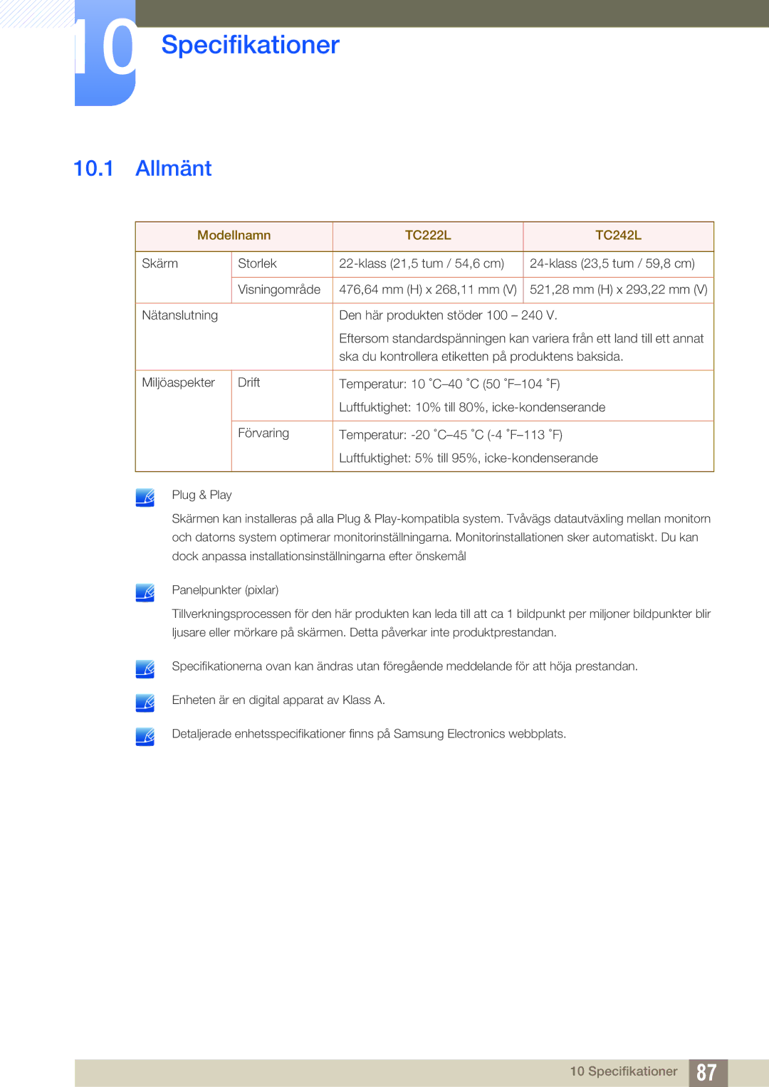 Samsung LF22FT1LFGZXEN, LF24FT1LFGZXEN manual Specifikationer, Allmänt 