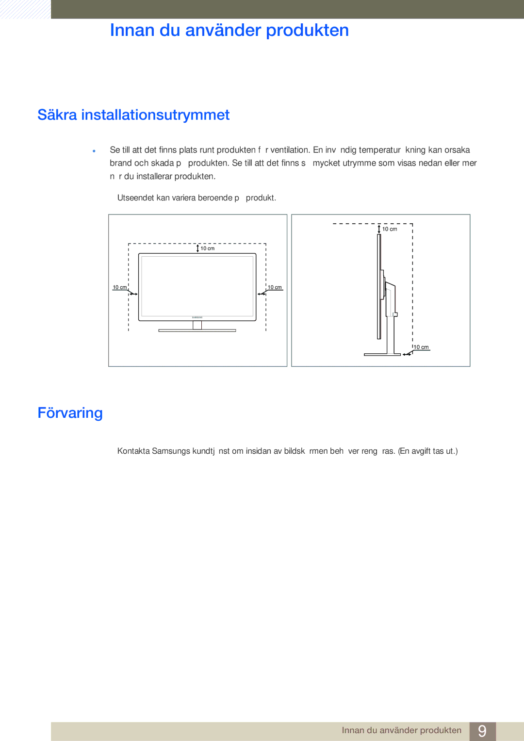 Samsung LF22FT1LFGZXEN, LF24FT1LFGZXEN manual Säkra installationsutrymmet, Förvaring 