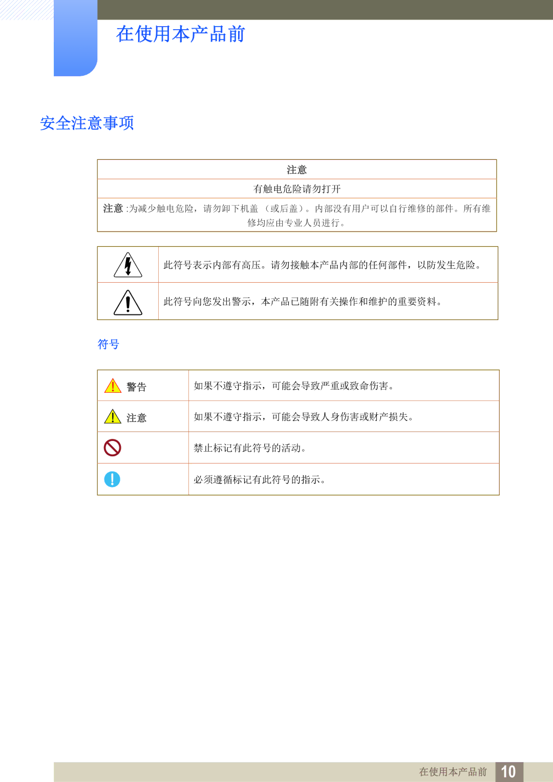 Samsung LF24FT1LFGZXEN, LF22FT1LFGZXEN manual 安全注意事项 