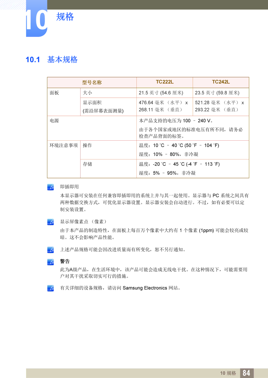 Samsung LF24FT1LFGZXEN, LF22FT1LFGZXEN manual 10 规格 