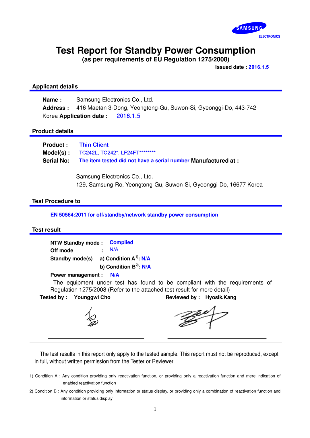 Samsung LF24FT1LFGZXEN manual Item tested did not have a serial number Manufactured at, Complied 