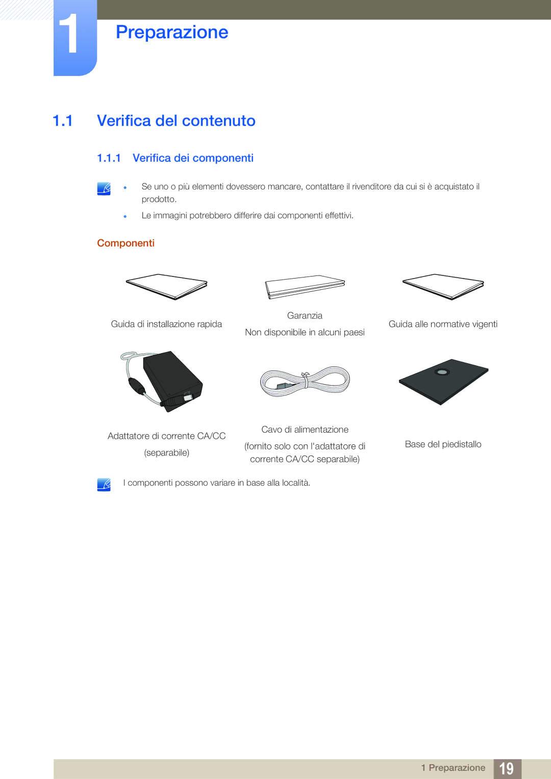 Samsung LF24FT1LFGZXEN manual Preparazione, Verifica del contenuto, Verifica dei componenti, Componenti 