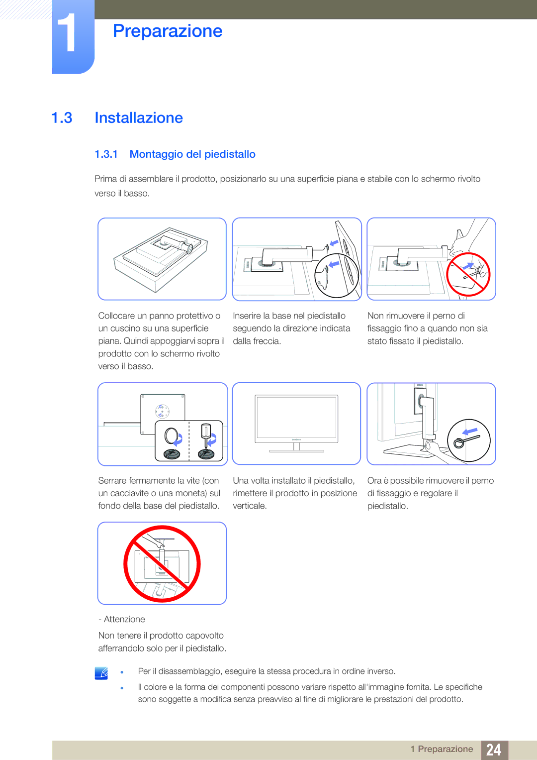 Samsung LF24FT1LFGZXEN manual Installazione, Montaggio del piedistallo 