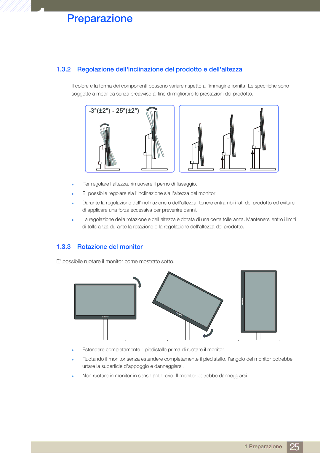 Samsung LF24FT1LFGZXEN manual Regolazione dellinclinazione del prodotto e dellaltezza, Rotazione del monitor 