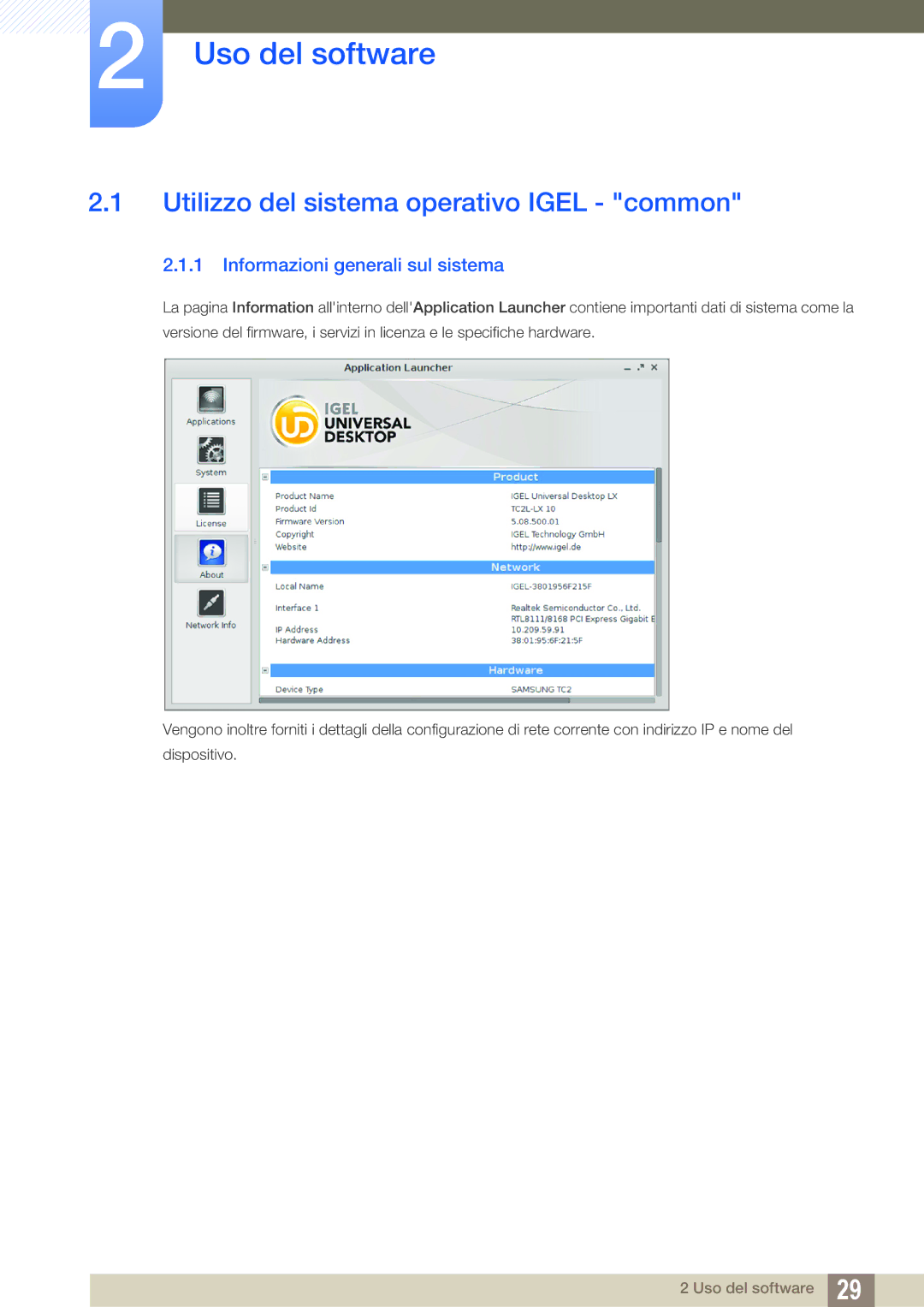 Samsung LF24FT1LFGZXEN Uso del software, Utilizzo del sistema operativo Igel common, Informazioni generali sul sistema 