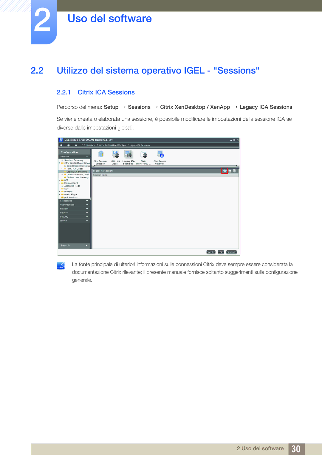 Samsung LF24FT1LFGZXEN manual Utilizzo del sistema operativo Igel Sessions, Citrix ICA Sessions 