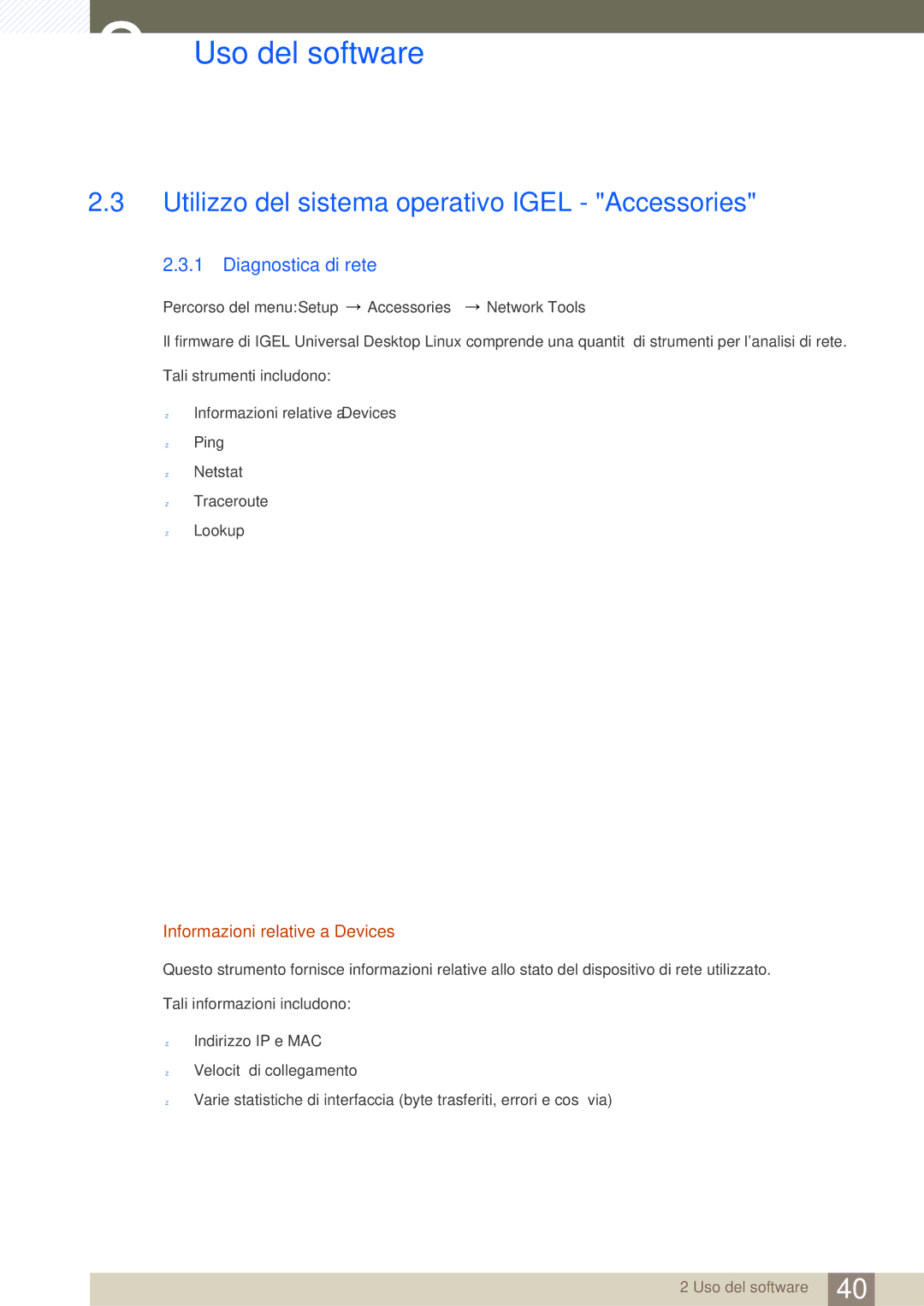 Samsung LF24FT1LFGZXEN manual Utilizzo del sistema operativo Igel Accessories, Diagnostica di rete 