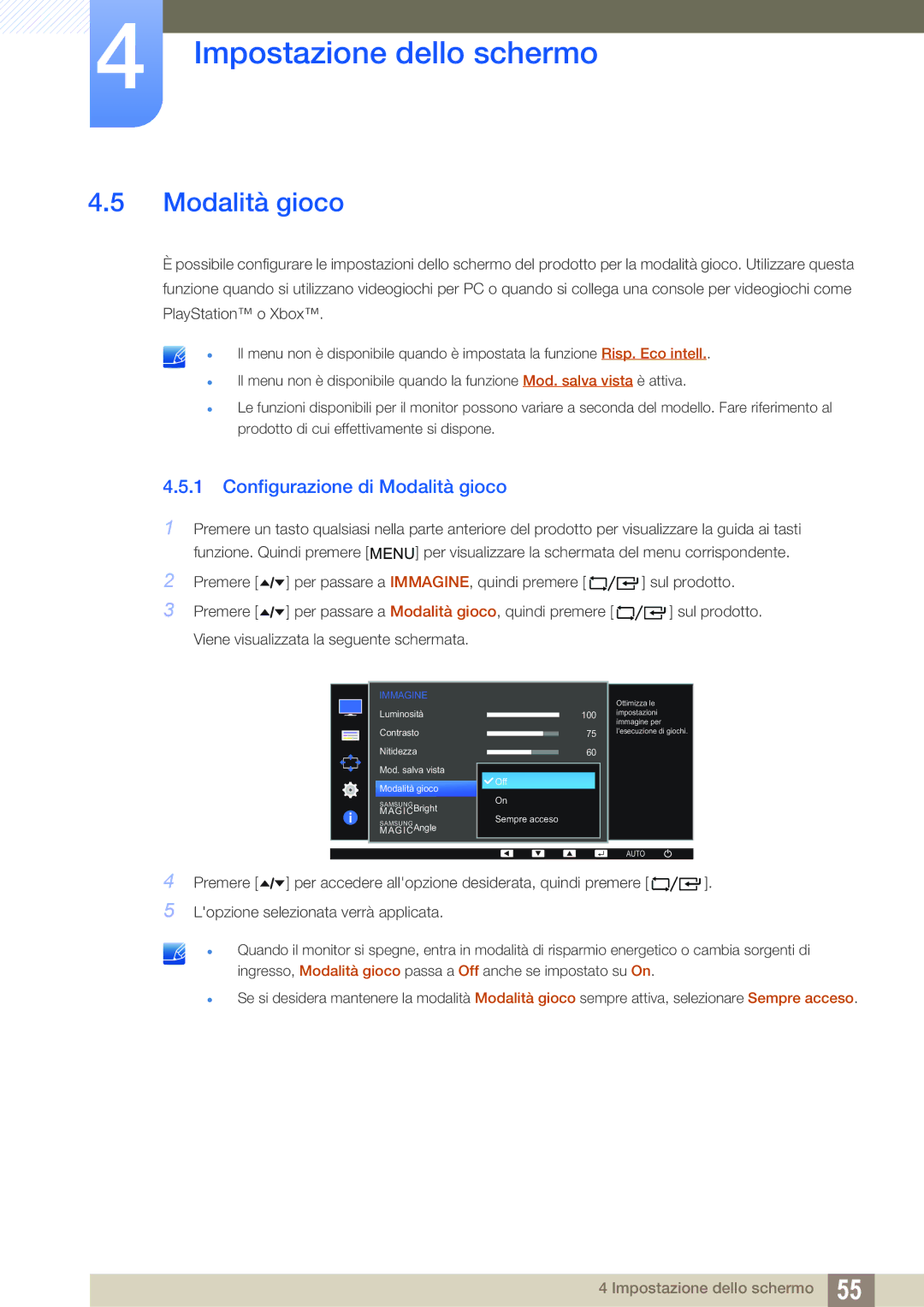 Samsung LF24FT1LFGZXEN manual Configurazione di Modalità gioco 