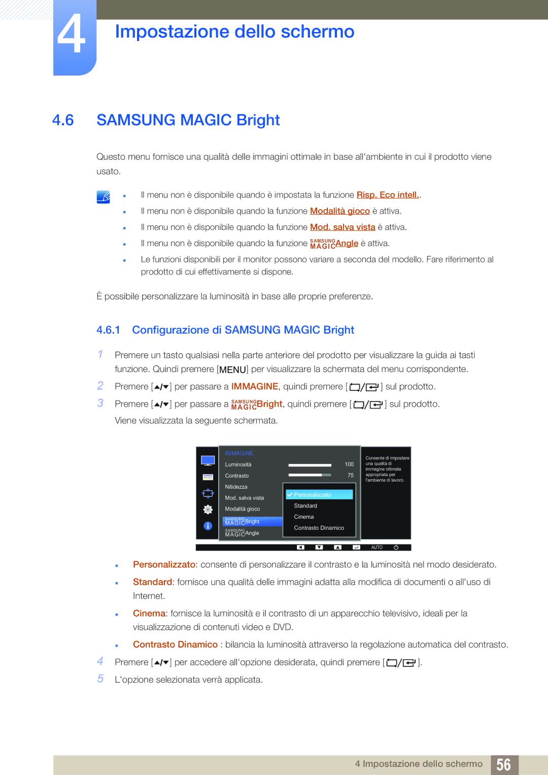 Samsung LF24FT1LFGZXEN manual Configurazione di Samsung Magic Bright 