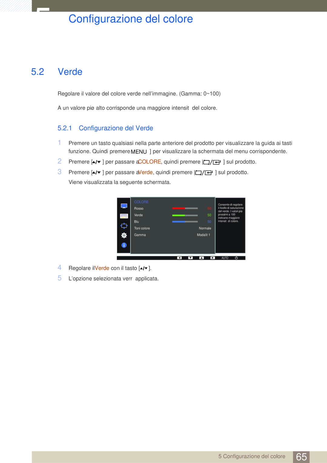 Samsung LF24FT1LFGZXEN manual Configurazione del Verde 