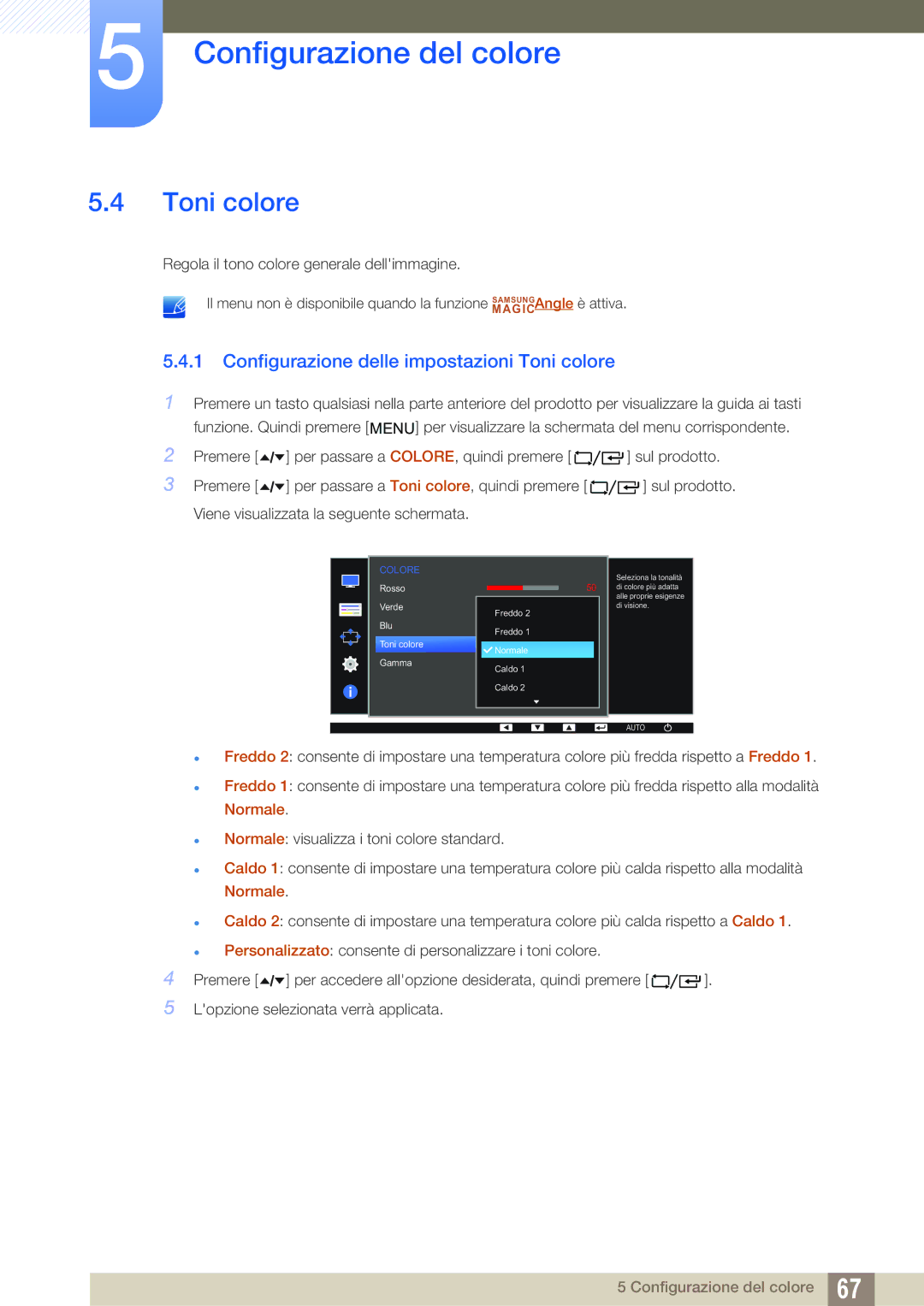 Samsung LF24FT1LFGZXEN manual Configurazione delle impostazioni Toni colore 