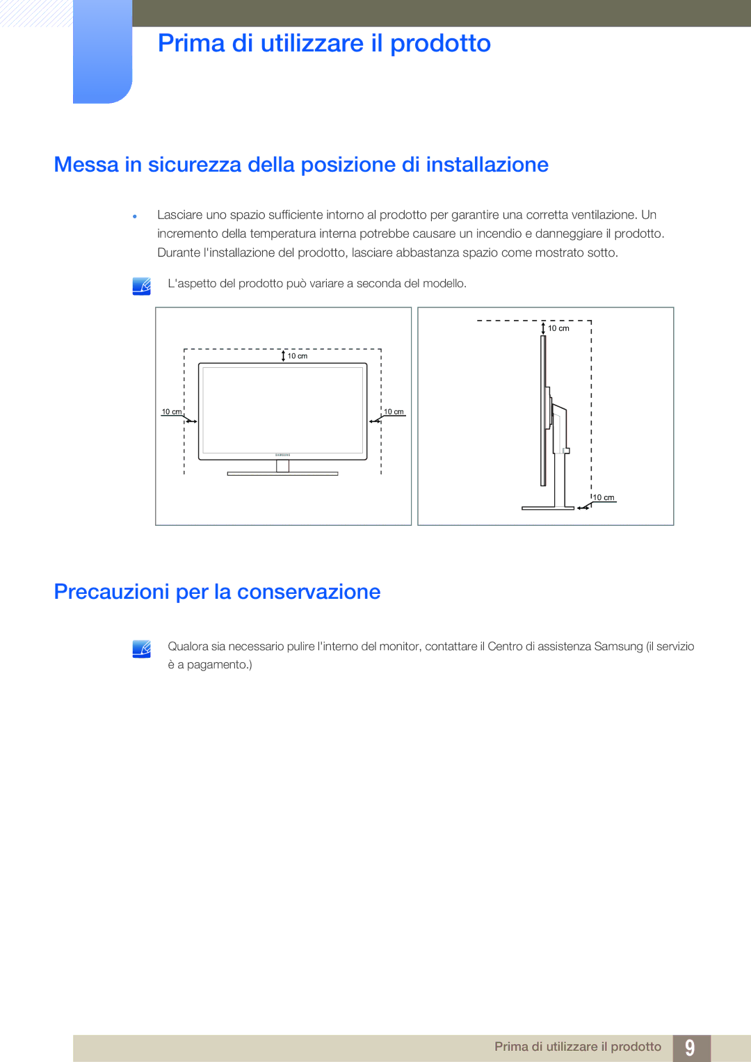 Samsung LF24FT1LFGZXEN manual Messa in sicurezza della posizione di installazione, Precauzioni per la conservazione 