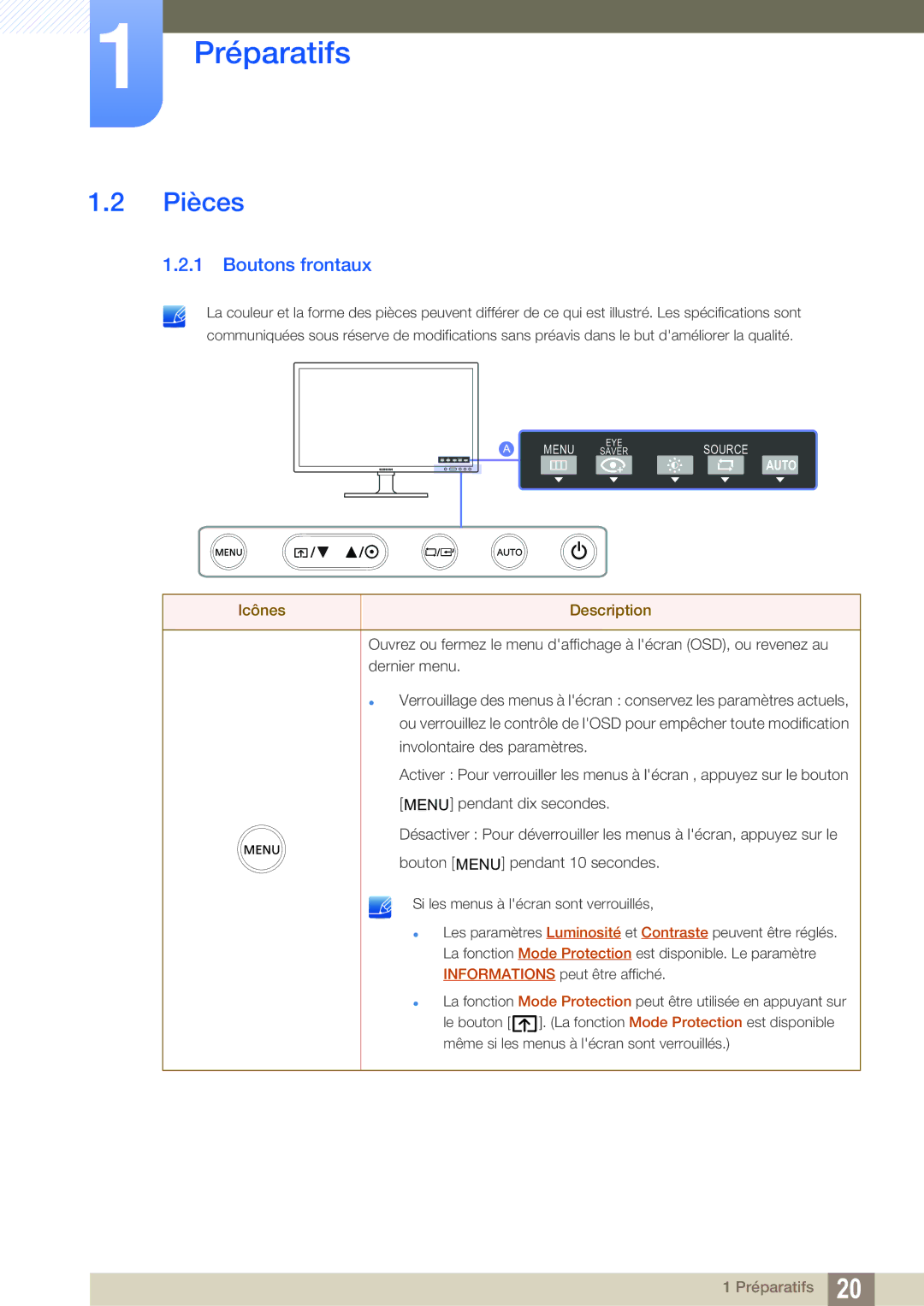 Samsung LF24FT2TFPZXEN manual Pièces, Boutons frontaux 