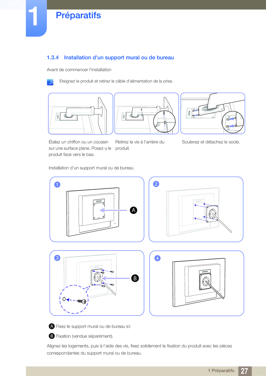 Samsung LF24FT2TFPZXEN manual Installation dun support mural ou de bureau 