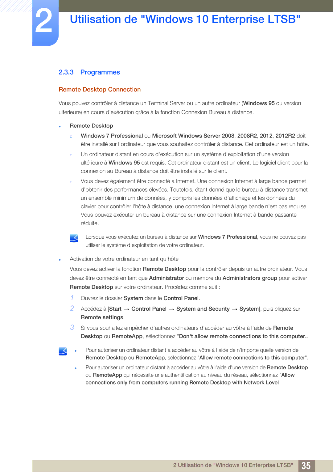 Samsung LF24FT2TFPZXEN manual Programmes, Remote Desktop Connection 