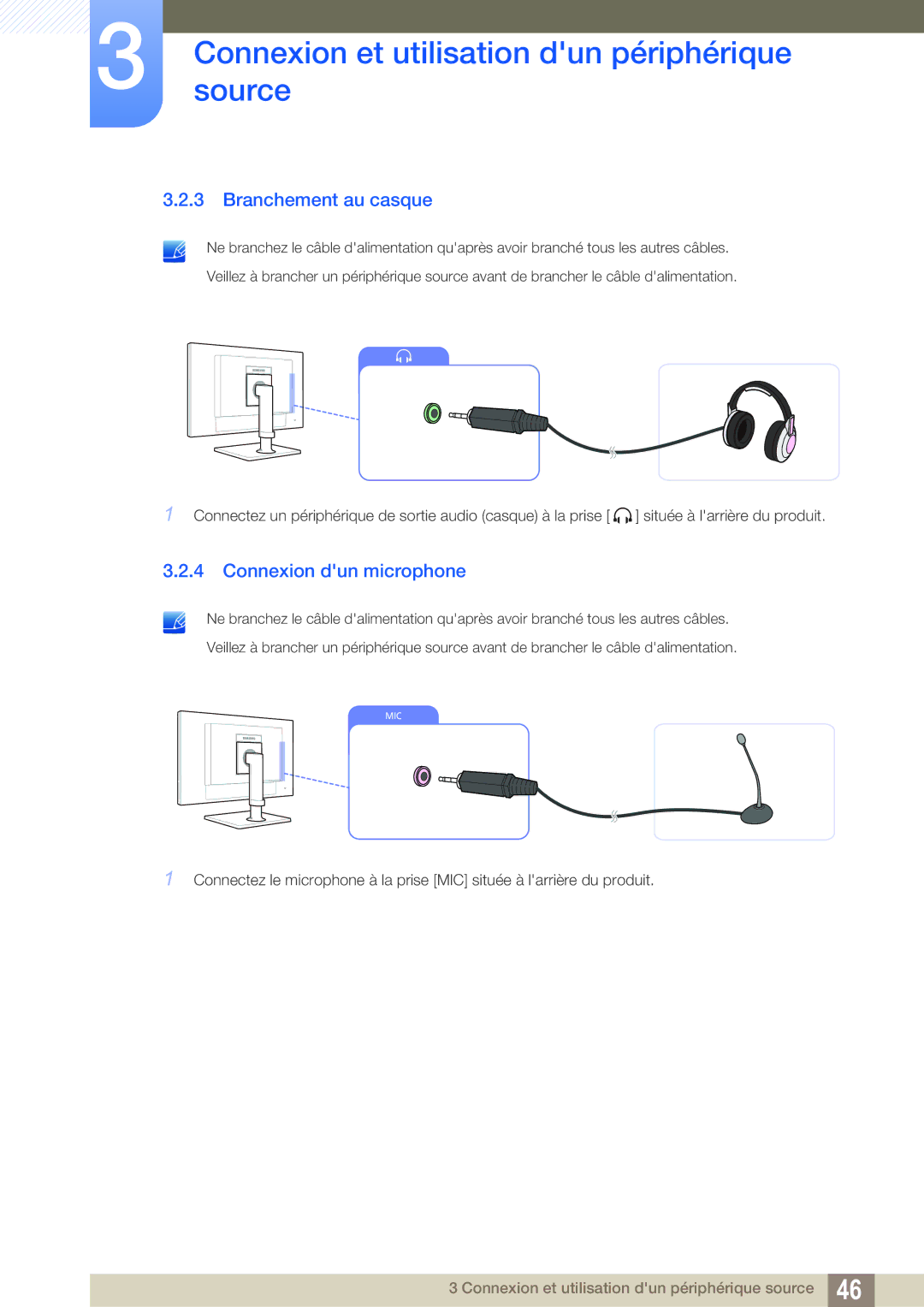 Samsung LF24FT2TFPZXEN manual Branchement au casque, Connexion dun microphone 