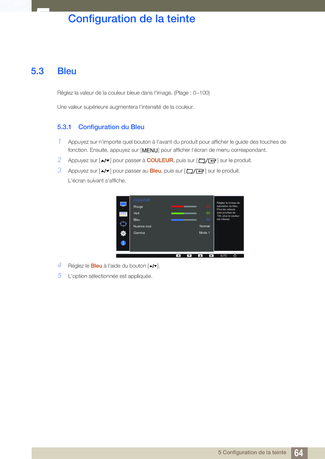 Samsung LF24FT2TFPZXEN manual Configuration du Bleu 