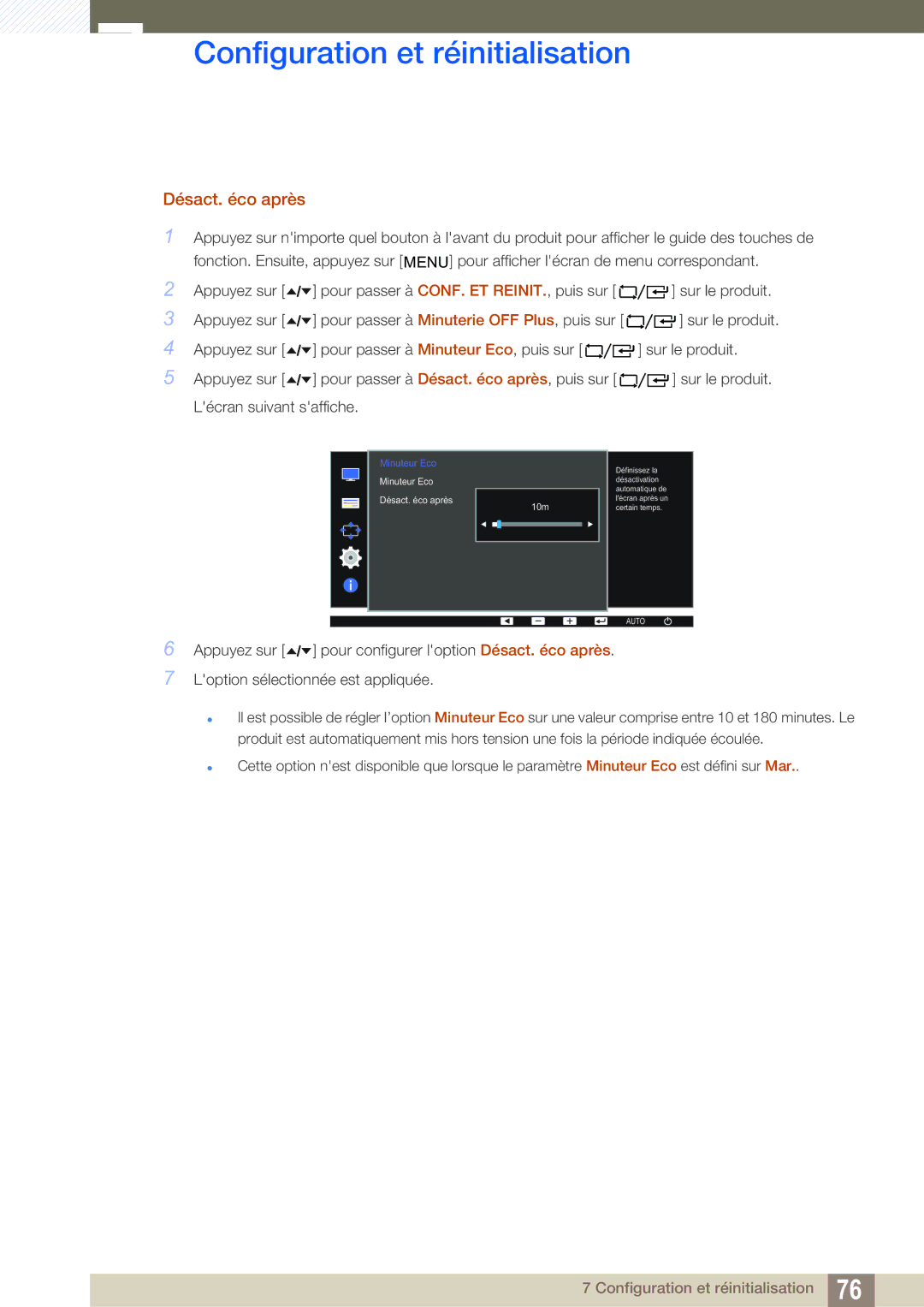 Samsung LF24FT2TFPZXEN manual Désact. éco après, Minuteur Eco 