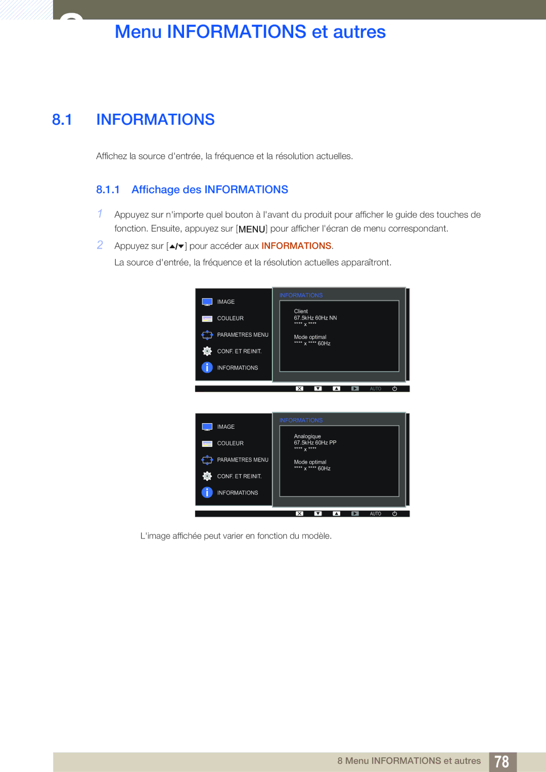 Samsung LF24FT2TFPZXEN manual Menu Informations et autres, Affichage des Informations 