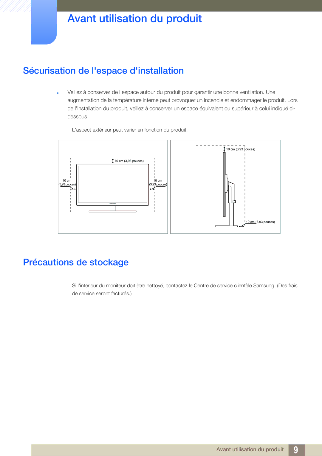 Samsung LF24FT2TFPZXEN manual Sécurisation de lespace dinstallation, Précautions de stockage 