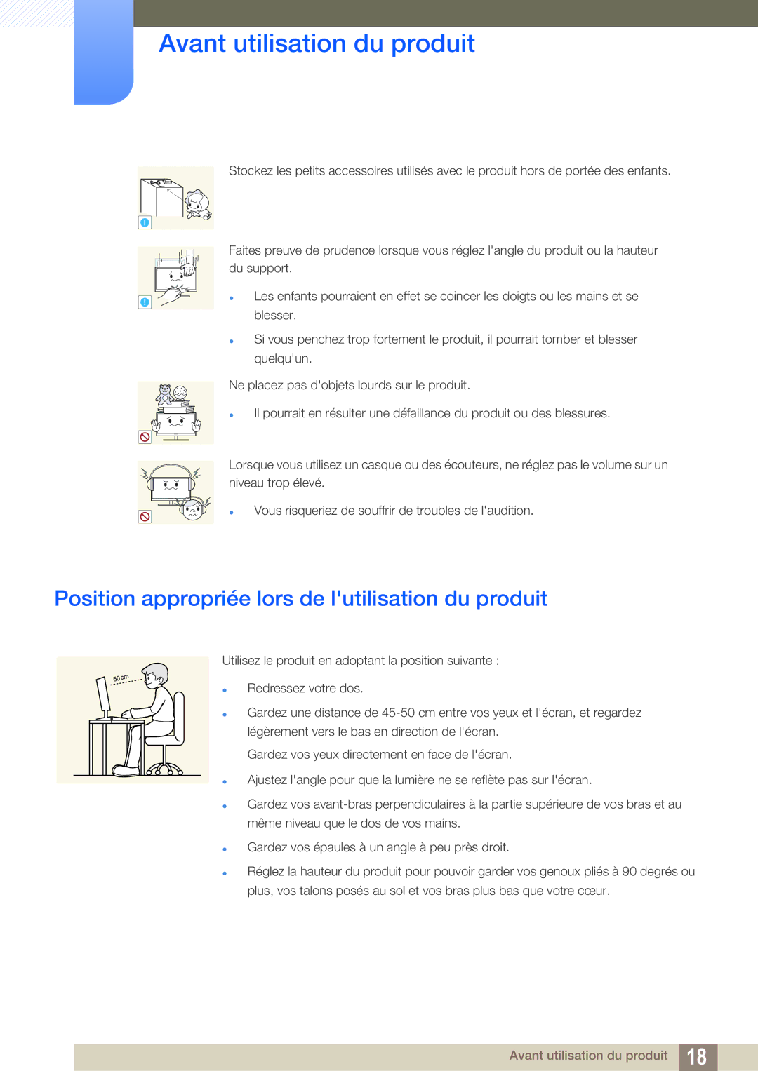 Samsung LF24FT2WFPZXEN, LF22FT2WFPZXEN manual Position appropriée lors de lutilisation du produit 