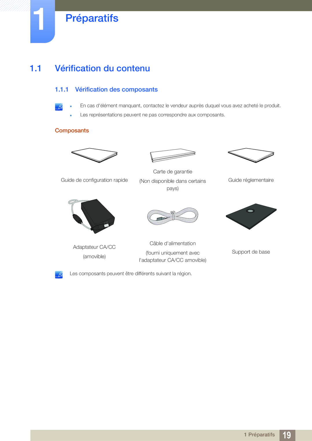 Samsung LF22FT2WFPZXEN, LF24FT2WFPZXEN Préparatifs, Vérification du contenu, 1 Vérification des composants, Composants 