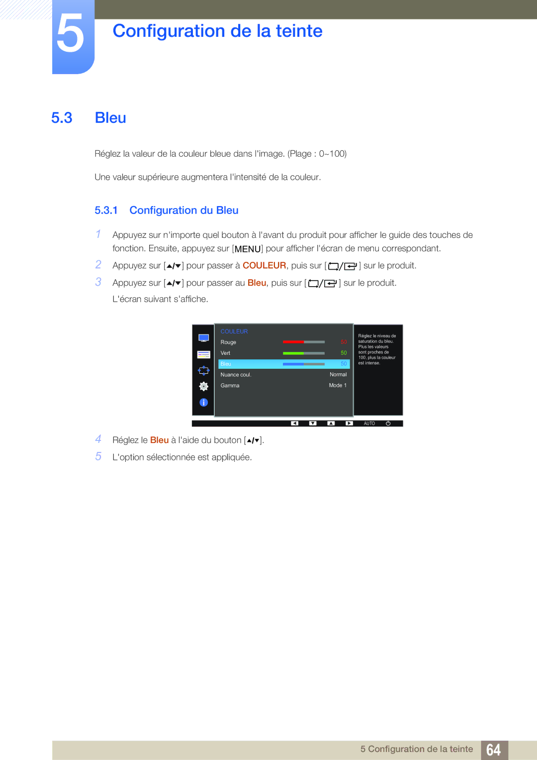 Samsung LF24FT2WFPZXEN, LF22FT2WFPZXEN manual Configuration du Bleu 